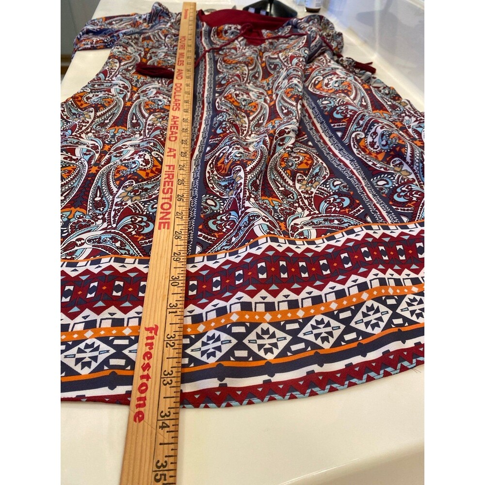 My Michelle Boho Paisley Dress Size Large Bell Sleeve Tunic Burgundy Hippie ‘70 - Picture 11 of 12
